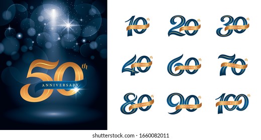 Set of Anniversary logotype design, Elegant Classic Logo, Vintage and Retro Serif Number Letters, Celebrate Anniversary Logo silver and golden for Congratulation celebration event, invitation,greeting