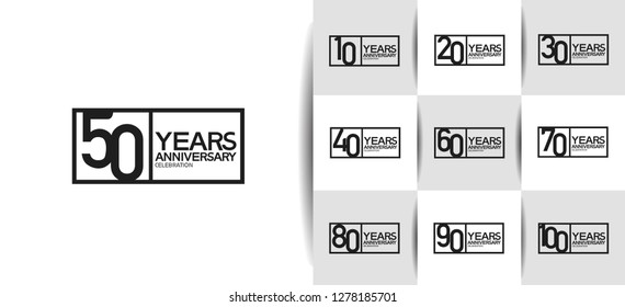 set of anniversary logotype design with flat black color in square on white background for celebration