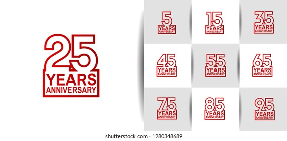 set of anniversary logotype design with flat red color on white background