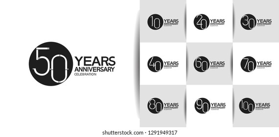 set of anniversary logotype design with flat black circle on white background for celebration