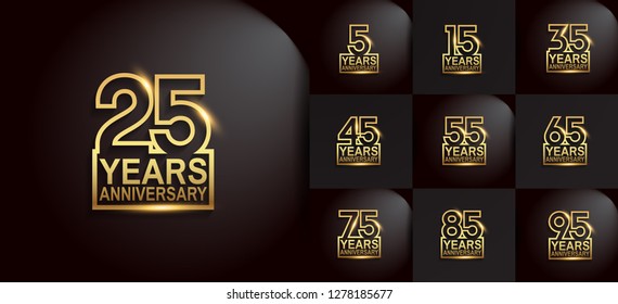 set of anniversary logotype design with glowing golden color isolated on black background for celebration event