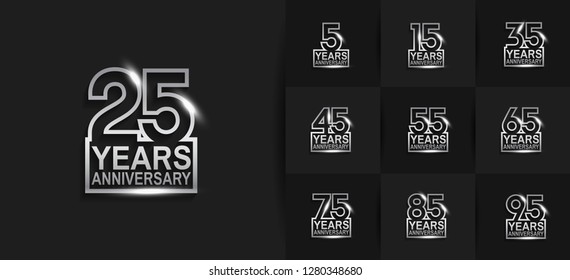 set of anniversary logotype design with glowing silver isolated on black background