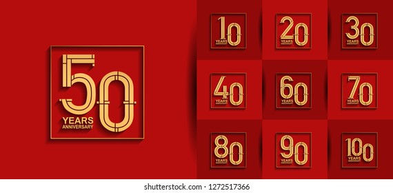 set of anniversary logotype design golden color on square isolated on red background for celebration event
