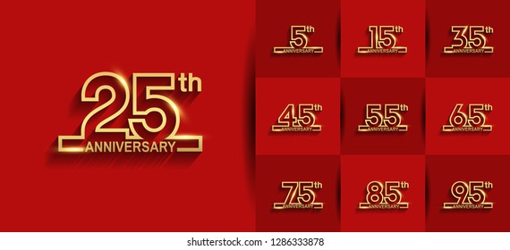 set of anniversary logotype design golden color line style on red background for celebration event