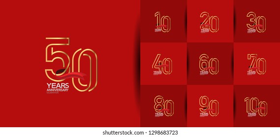 set of anniversary logotype design golden and silver color outline style number with red ribbon isolated on white background for celebration event