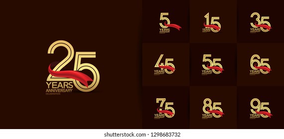 set of anniversary logotype design golden multiple line number with red ribbon for company celebration