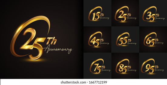 Set of anniversary logotype design with golden ring and handwriting golden color for celebration event, wedding, greeting card, and invitation. Vector illustration.