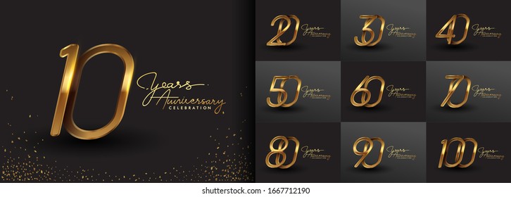 Set of anniversary logotype design with handwriting golden color for celebration event, wedding, greeting card, and invitation. Vector illustration.