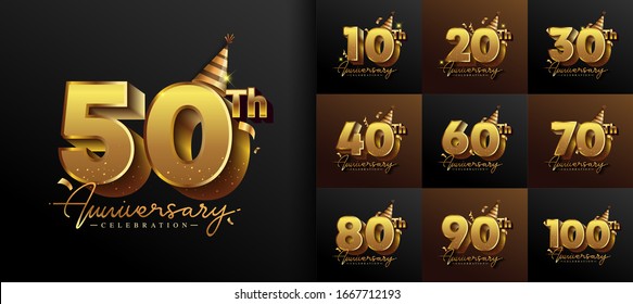 Set of anniversary logotype design with handwriting golden color for celebration event, wedding, greeting card, and invitation. Vector illustration.