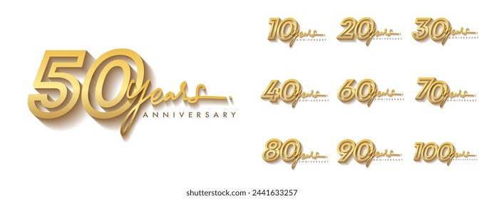 Conjunto de diseño de logotipo de aniversario con escritura a mano color dorado para evento de celebración, boda, tarjeta de felicitación e invitación. Ilustración vectorial.