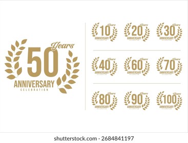Set of Anniversary logotype design, Anniversary Logo golden laurel for celebration event, invitation, greeting, Infinity logo vector illustration, web template, flyer 