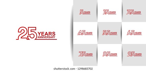 set of anniversary logotype design outline style number red color on white background