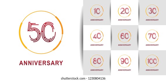 set of anniversary logotype design with red color and yellow ring for celebration event