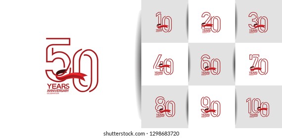 set of anniversary logotype design red color outline style number with red ribbon isolated on white background for celebration event