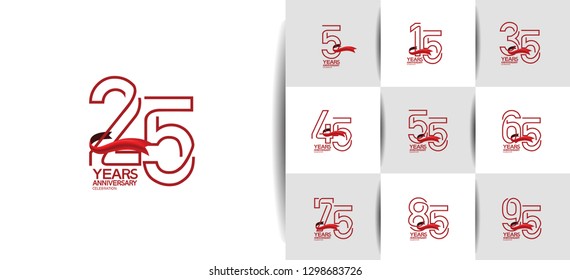 set of anniversary logotype design red color outline style number with red ribbon isolated on white background for celebration event