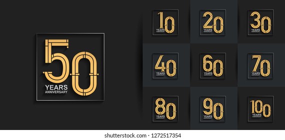 set of anniversary logotype design with silver and golden color in square isolated on black background