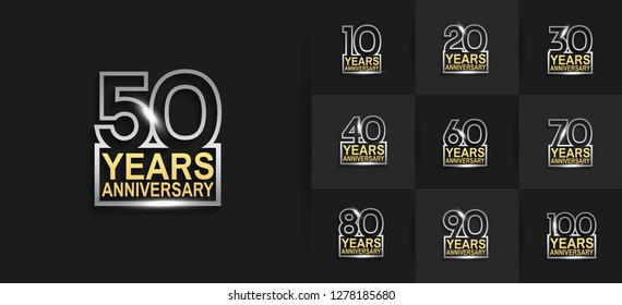 conjunto de diseños de logotipo de aniversario con color plata y oro aislados en fondo negro para celebración