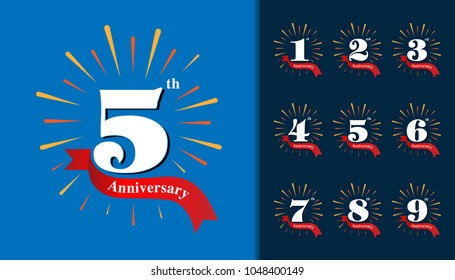 Set of anniversary logotype. Fireworks anniversary design template for booklet, leaflet, magazine, brochure poster, web, invitation or greeting card. Vector illustration.