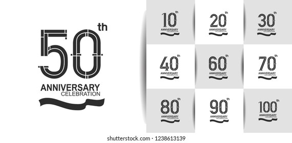 set of anniversary logotype flat black color with ribbon on white background for celebration moment