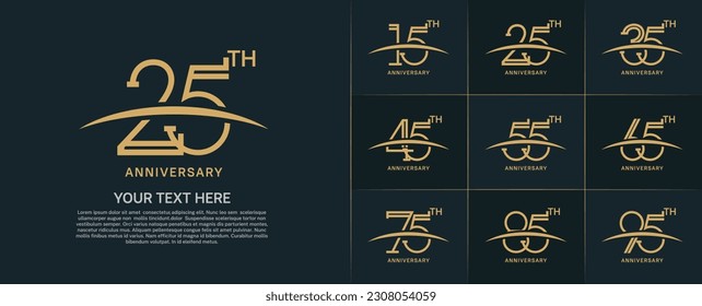 set of anniversary logotype flat gold color with swoosh for special celebration event