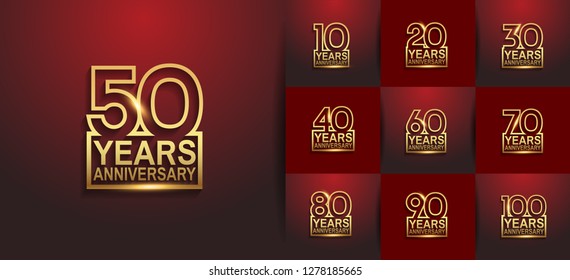 set of anniversary logotype with glowing golden color and red ribbon for celebration