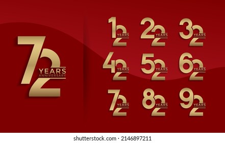 Set of Anniversary logotype gold color with red background for celebration