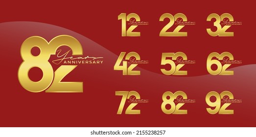 Set of Anniversary logotype gold color with red background for celebration