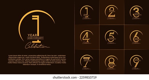 set of anniversary logotype gold color with golden swoosh for special celebration event