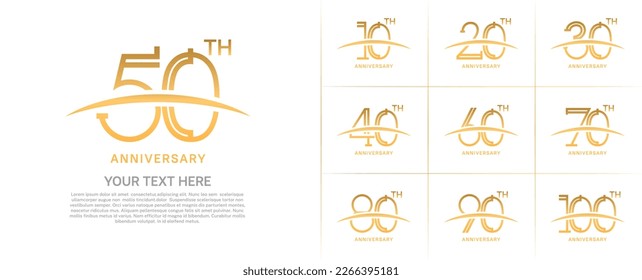 set of anniversary logotype gold color with swoosh for special celebration event