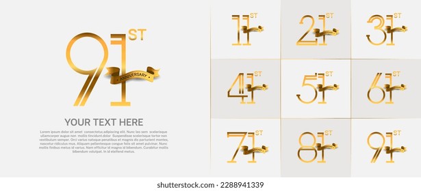 set of anniversary logotype gold color with golden ribbon for special celebration event
