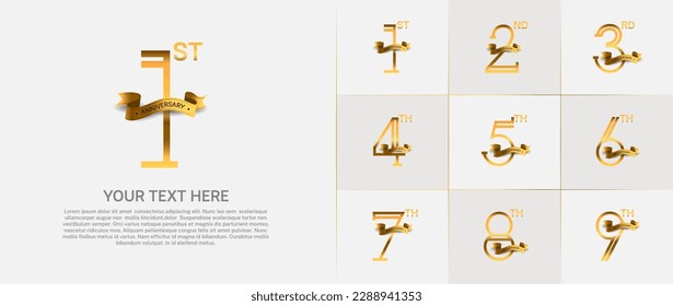 set of anniversary logotype gold color with golden ribbon for special celebration event