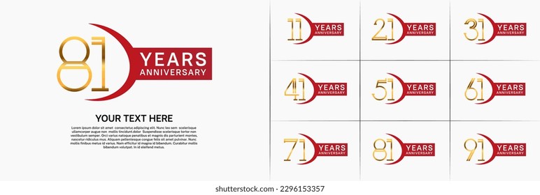 set of anniversary logotype gold color and red ribbon for special celebration event
