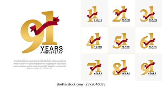 Set of Anniversary Logotype gold color with red ribbon can be use for special day celebration
