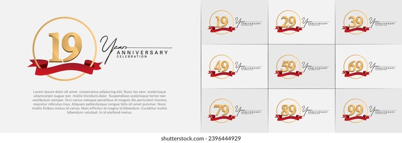 Set of Anniversary Logotype gold color with ring and red ribbon can be use for special day celebration