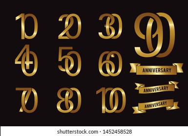 Set of anniversary logotype and gold ribbon. Golden anniversary celebration emblem design for booklet, leaflet, magazine, brochure poster, web, invitation or greeting card. Vector illustration