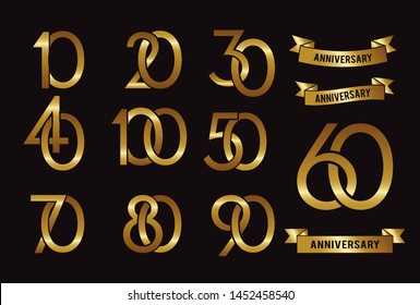 Set of anniversary logotype and gold ribbon. Golden anniversary celebration emblem design for booklet, leaflet, magazine, brochure poster, web, invitation or greeting card. Vector illustration