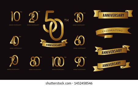 Set of anniversary logotype and gold ribbon. Golden anniversary celebration emblem design for booklet, leaflet, magazine, brochure poster, web, invitation or greeting card. Vector illustration