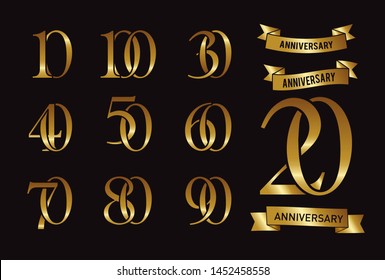 Set of anniversary logotype and gold ribbon. Golden anniversary celebration emblem design for booklet, leaflet, magazine, brochure poster, web, invitation or greeting card. Vector illustration