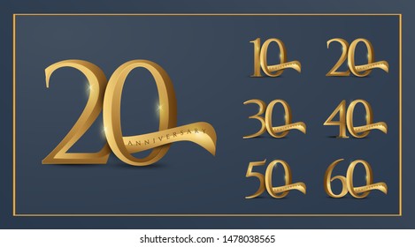 Set of anniversary logotype and gold ribbon. Golden anniversary celebration emblem design for booklet, leaflet, magazine, brochure poster, web, invitation or greeting card. Vector illustration