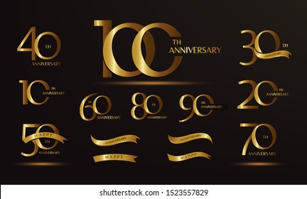 Set of anniversary logotype and gold ribbon. Golden anniversary celebration emblem design for booklet, leaflet, magazine, brochure poster, web, invitation or greeting card. Vector illustration.