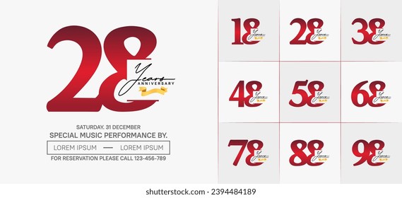Set of Anniversary Logotype with gold ribbon, red color can be use for special day celebration