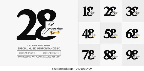 Set of Anniversary Logotype with gold ribbon, black color can be use for special day celebration