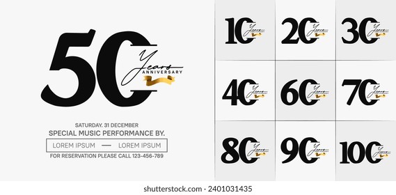 Set of Anniversary Logotype with gold ribbon, black color can be use for special day celebration