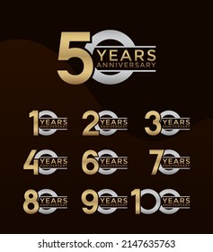 Set of Anniversary logotype gold and silver color with brown background for celebration