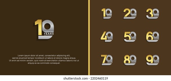 set of anniversary logotype gold and silver color on dark brown background for celebration moment