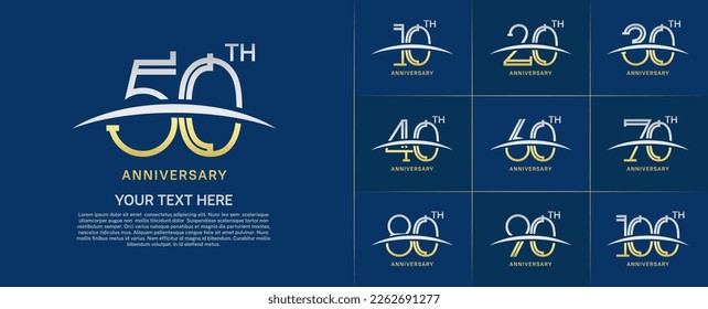 set of anniversary logotype gold and silver color with swoosh for special celebration event