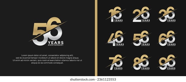 set of anniversary logotype gold and silver color on black background for celebration moment
