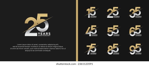 set of anniversary logotype gold and silver color on black background for celebration moment