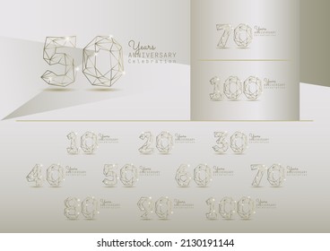 Set of anniversary logotype with gold wireframe lowpoly style for celebration event. Vector Template Design Illustration. 