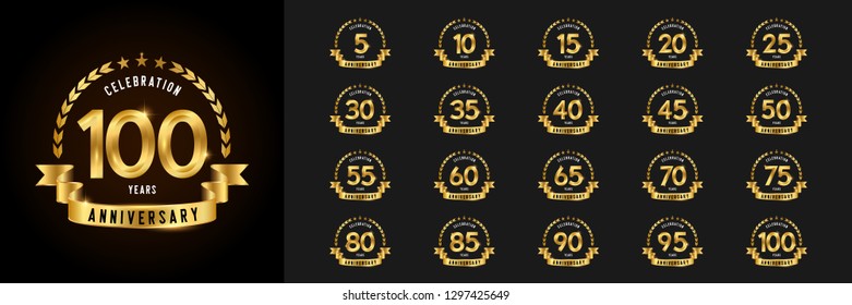 Set of anniversary logotype. Golden anniversary celebration emblem design for company profile, booklet, leaflet, magazine, brochure, poster, web, invitation or greeting card. Vector illustration.